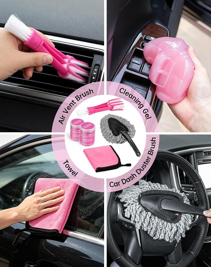 THINKWORK Car Cleaning Kit with Vacuum,Deep Cleaning for Interior Detailing | 7600PA High Power Corded Handheld Vacuum,Windshield Cleaner Tool, Detailing Brush Set,22Pcs Pink Accessories,Gift for Women