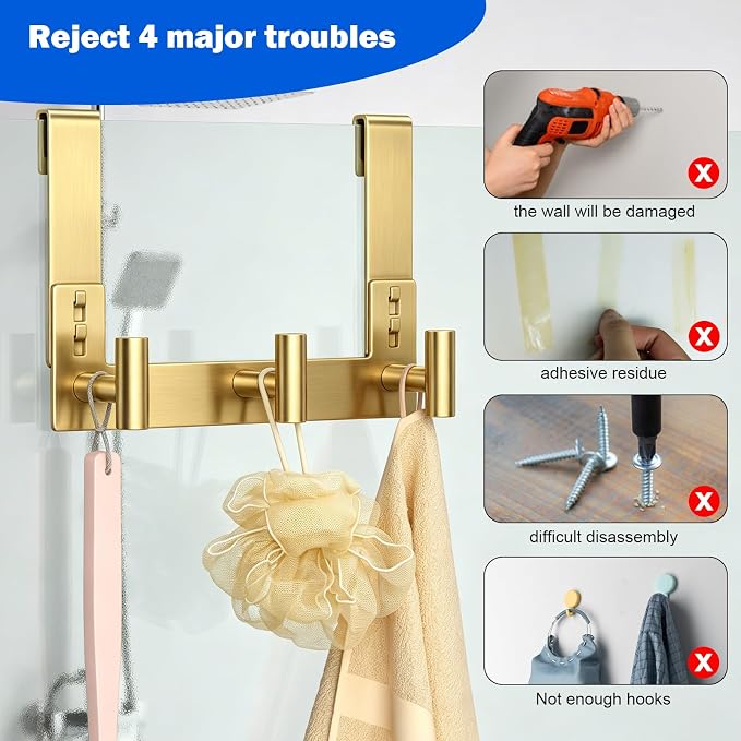 PMMASTO No-Drill Extra Long Shower Hooks, Fits 3/8" Thick Door, Heavy Duty Stainless Steel Towel Hooks for Frameless Glass Shower Door, Holds Bathrobe Towel (Gold, 3 T-Hooks)