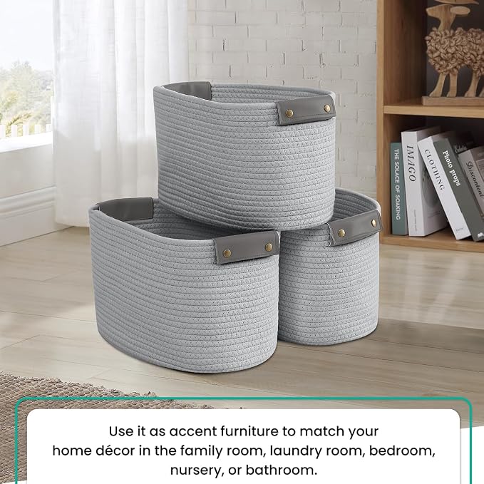 3 Pack Woven Cotton Rope Storage Basket, 15x10x9, Gray | Faux Leather Handles; Decorative Closet Shelf Organizer; Ideal for Storage & Organization