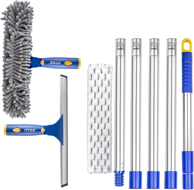 Window Squeegee with 88 Inch Extension Pole, Rotatable Window Cleaning Kit with Long Handle, Rubber Blade & Microfiber/Chenille Pads Glass Cleaner Tool for Outdoor Windows, Glass, Car