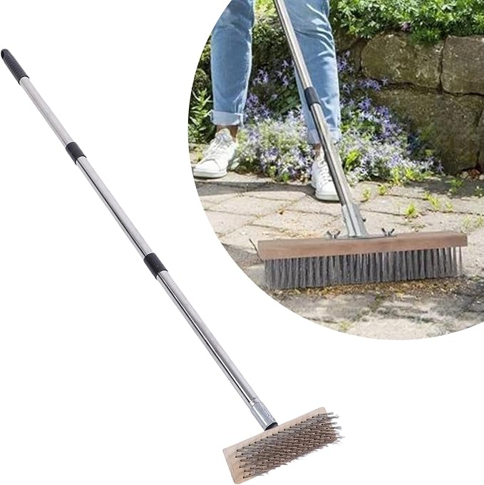 Deck Brush with Long Handle, Wire Deck Scrub Brush, High Efficiency Stainless Steel Deck Scrubber for Cleaning Concrete Patio Floor
