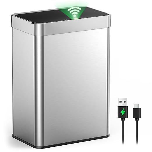 13 Gallon Automatic Kitchen Trash Can,Touchless Sensor Garbage Can,Silver | Built‑in 1500mAh Rechargeable Battery,Stainless Steel Motion Sensor Trash Can, Silent Close Lid Smart Trash Bin for Home