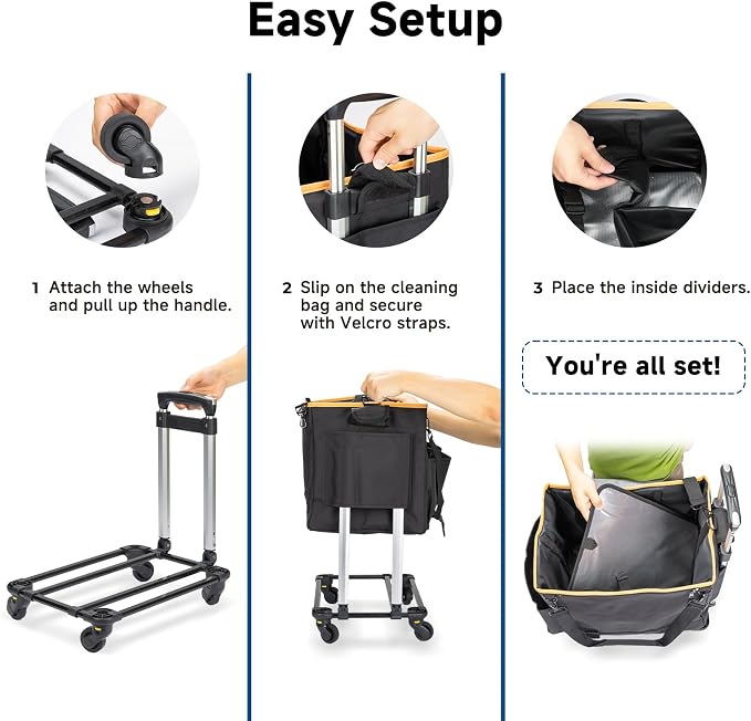YMU Rolling Cleaning Caddy Bag, Cleaning Cart for Housekeeping | 30L Large Room | 4 in 1 Portable | Detachable Trolley | with Swivel Caster & Shoulder Strap | Waterproof Oxford Fabric