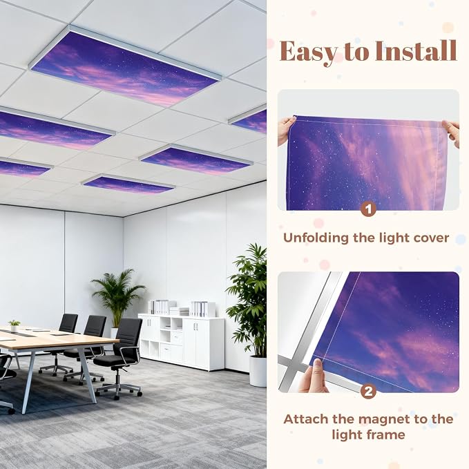 4 Pack Fluorescent Light Covers for Ceiling Lights View Evening Purple Sky Clouds Stars Abstract Decorative Magnetic Light Cover Light Filters for Classroom Office Home