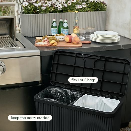 Veradek Tambour Waste Bin - Outdoor Trash Can with Dual Bag System | Durable Plastic Waste Bin With Optional Dual Bag System. Holds Up to 30 Gallons for Patio, Pool, BBQs & Parties