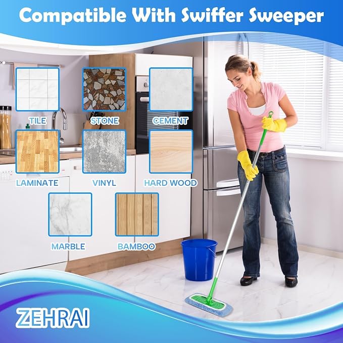 6 Pack Reusable Microfiber Mop Pads Compatible with Swiffer Sweeper Mop, Dry Sweeping Cloths & Wet Mopping Cloths, Washable Wet Pads Refill for Hardwood Surface Floor Cleaning