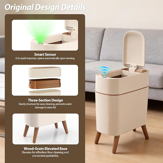 suyika Automatic Trash Can, 2.6 Gallon/10L, Wood Grain Lid and Legs | Bathroom Trash Can with Lid, Touchless, Waterproof Garbage Bin, For Bedroom, Bathroom, Office, Living Room