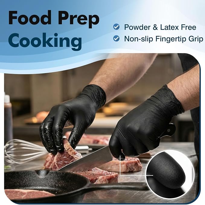 Fixwal Disposable Black Nitrile Gloves, XL, 4 Mil, 1200 Count | Food-Grade Protection with Textured Grip, Oil & Grease Resistant for Cleaning and Food Prep, Latex-Free, Powder-Free