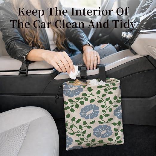 Blue Floral Car Garbage Bag Canvas Trash Can | Cottagecore Rustic Flower Drawstring Car Trash Bag Hanging for Back Seat with Adjustable Buckle