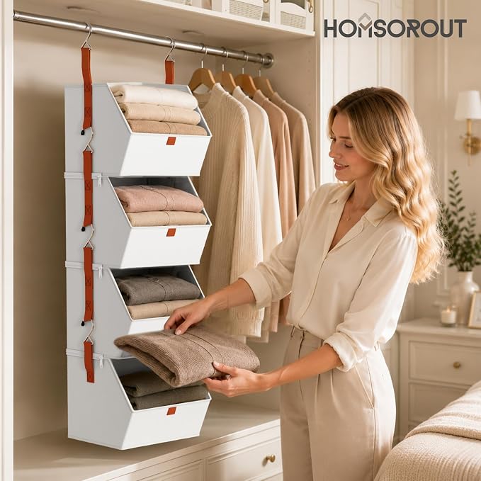 Collapsible Hanging Closet Organizer - 3 Tier Closet Shelves Storage System with Hooks, Fabric Hanging Storage Bins for Clothes, Foldable Storage Basket for Laundry, Bedroom, Rv, White