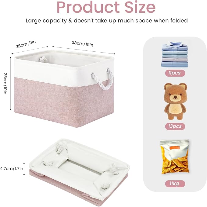 15x11x10 In Foldable Fabric Large Storage Bins with Handle 1 Pack | Organizer Baskets, Sturdy Metal Strand, Cardboard Support Molding, Storage Baskets for Shelves, Closet, Bedroom, White/Pink