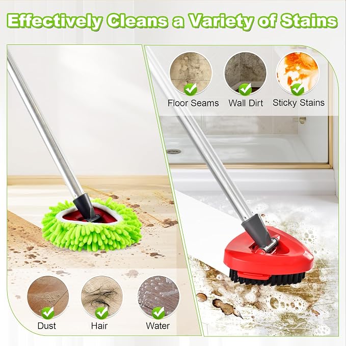 Chenille Mop Heads Scrubber Brush & Base Mop Replace Handle for O-Cedar RinseClean 2 Tank Spin Mop System Set Include 2 Chenille Mop Pads 1 Brush 1 Base and Stainless Steel Mop Handle (NO Bucket)