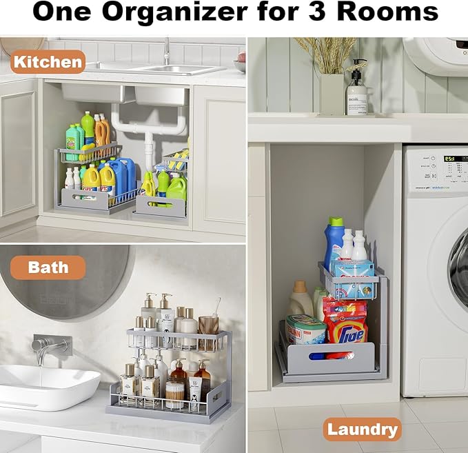 Under Sink Organizer, Pull Out Cabinet Organizer 2 Tier | Slide Out Sink Shelf Cabinet Storage Shelves, Under Sink Storage for Kitchen Bathroom Cabinet, Grey, 1 Pack