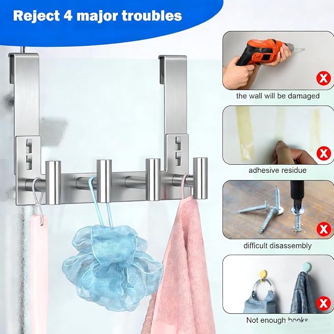PMMASTO Long Shower Hanger for 3/8 Inch Glass, Silver- 4 Hooks, T Shape | Stainless Steel Hooks Organize Towels And Robes on Frameless Glass Shower Doors in Bathrooms