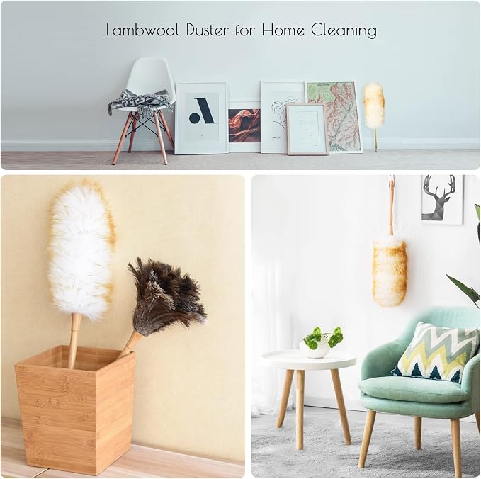 Lambswool Duster 14'' Length Solid Wooden Handle Leather Hang Strap for Cleaning Ceiling Fans Window Blinds Computer Furniture Figurines TV Natural Feather Duster,Pink