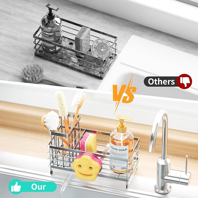 HapiRm Sponge Holder for Kitchen Sink - Self-draining Sink Caddy with Smiley Face and Brush Holder, Stainless Steel Kitchen Organizer for Countertop - Silver