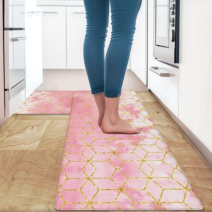 Feelyou Pink Marble 2pcs Kitchen Rug Ombre Kitchen Mat for Floor Geometric Waterproof Non-Slip Rugs for Office Laundry Room Decor Accessories