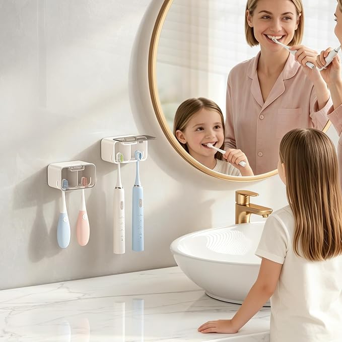 MOPMS Toothbrush Holders for Bathrooms with 2 Slot Independent Compartment | 3PCS Electric Toothbrush Holder Wall Mounted for Shower, Toothbrush Dispenser Storage Organizer with Cover for Family