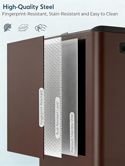 Arlopu 16Gal Dual Trash Can w/2 Built-in Box for Odor Control | Hands-Free Kitchen Garbage Bin, Recycle Waste Dustbin, Soft-Close Lid, 2 Buckets, Foot Pedal, Side Handle, for Home (Brown)