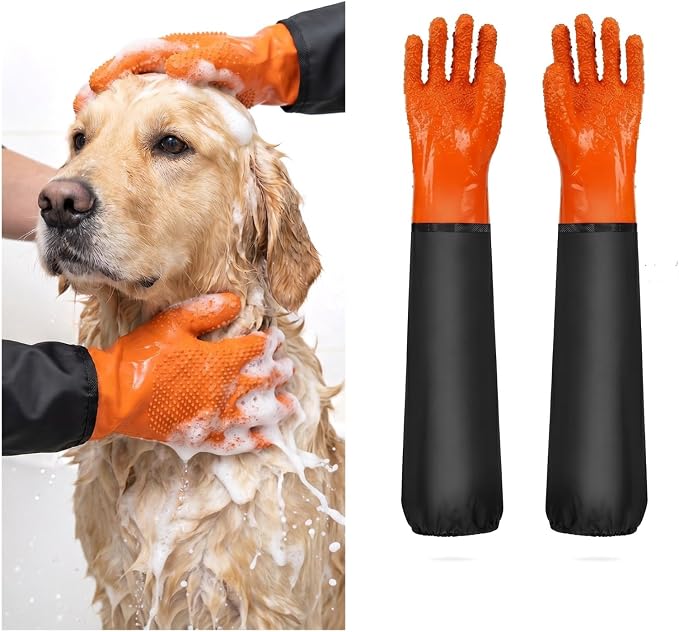 Dog Bathing Gloves, 27.6" Waterproof Extra Long Pet Washing Glove (1 Pair) | Anti-Slip Grip, Full Arm Scratch Protection for Dog Cat Grooming, Bathing & Nail Trimming