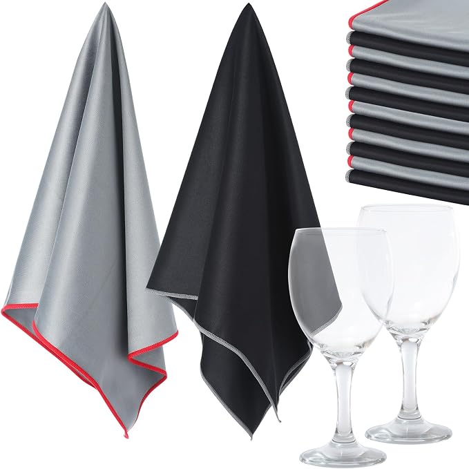 VitalCozy 12 Pcs Polishing Cloths for Wine Glass, Black，Grey | Microfiber, 25 x 20 Inch, Lintless Performance, Towels Drying, Window, Stemware, Dishes, Glassware, Professional Finish