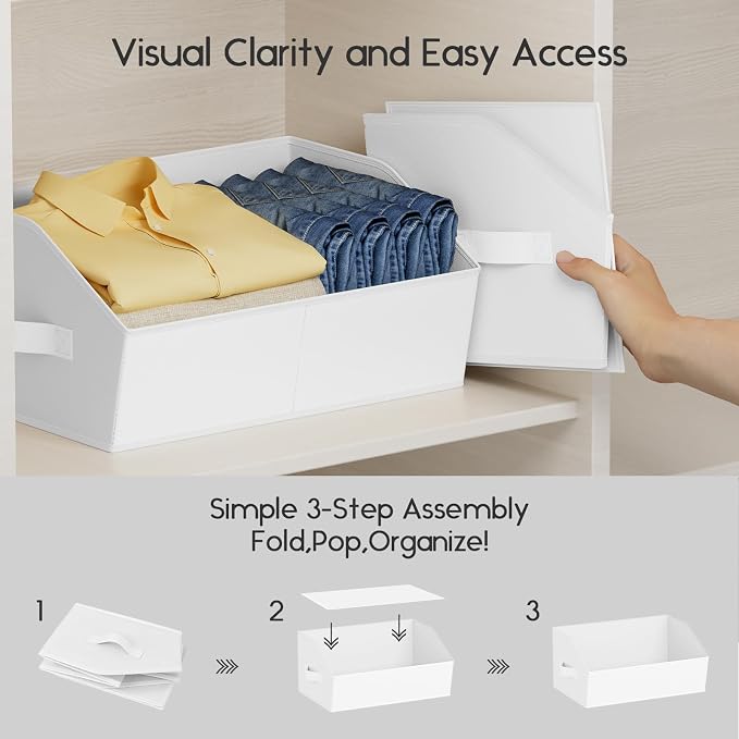 Large Closet Organizers and Storage Bins - 8 Pack Trapezoid Storage Baskets for Shelves, Foldable Fabric Baskets with Handles Ideal for Closet, Basket, Wardrobe and Shelf Storage, White