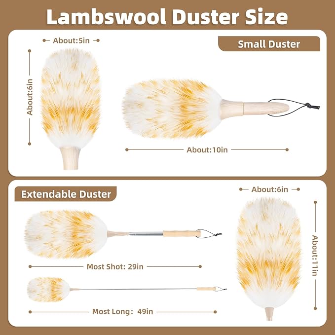 LOVECO Lambs Wool Dusters for Scratch-Free Cleaning Extendable 29-49 Inch | Includes: Sticky Hooks×2, Small Duster×1, Electrostatic Dusters Suitable for Office, Home, Car