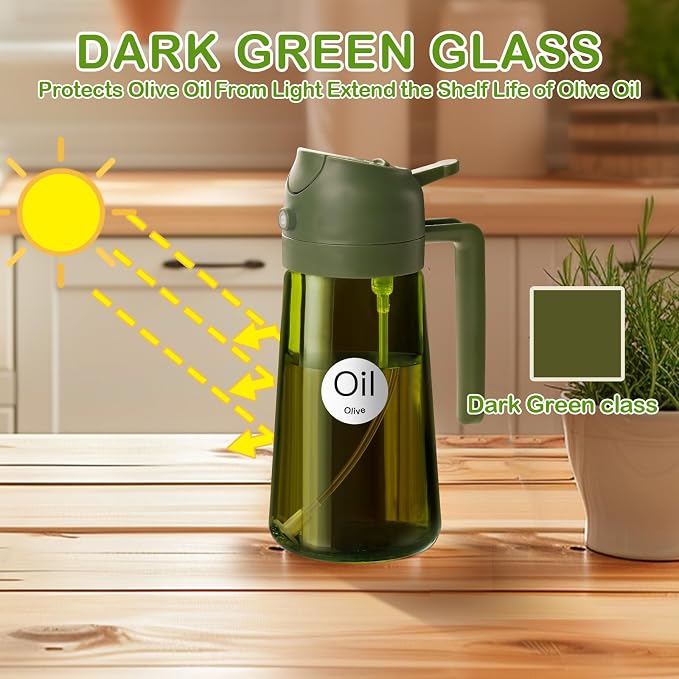 YARRAMATE 16 oz 2-in-1 Dark Glass Oil Sprayer & Dispenser, BlackOliveGreen | Light-blocking dark green glass, food-grade spray and pour bottle for cooking, air fryer, salad and BBQ