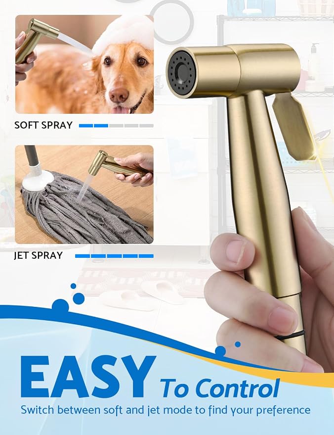 BRITULIF Bidet Sprayer for Toilet, Adjustable Pressure, Gold | Leak-Free Hose, Tank or Wall Mount, Feminine Wash, Cloth Diaper Rinse, Stainless Steel Body, Nozzle, Soft Silicone Nozzle