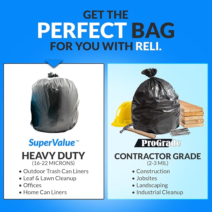 Reli. 45 Gallon Trash Bags Heavy Duty | Black | (25 Count, Twist Ties Included) Extra Tough, Leak-Proof Garbage Bags | Made in USA | Ideal for Large Clean Ups