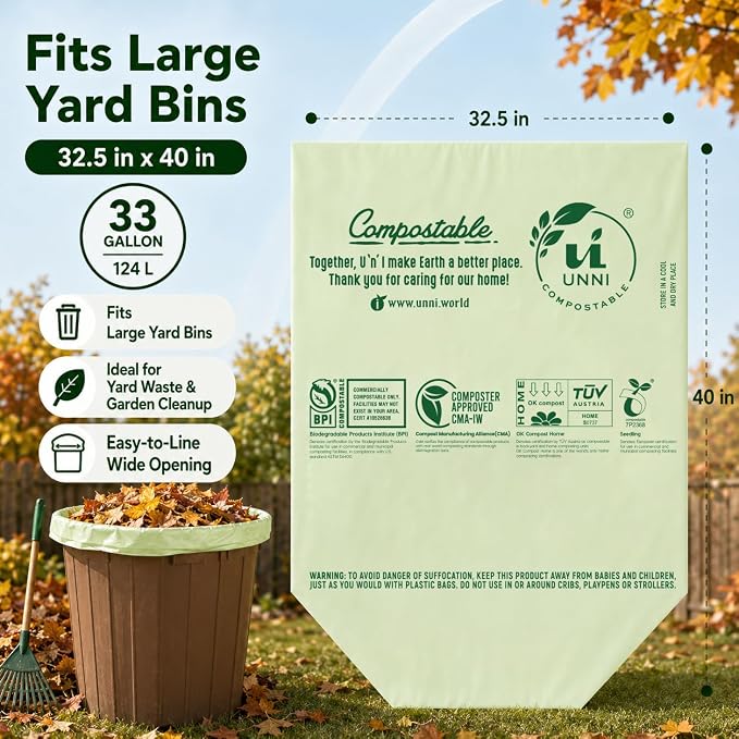 UNNI 30-33 Gallon Compostable Bags, 40 Count, 124 L, Extra Thick 1.1 Mil | Large Compost Bags for Lawn, Leaf & Yard Waste & Kitchen Organics, 2 Packs of 30, Certified by BPI, CMA & OK compost HOME