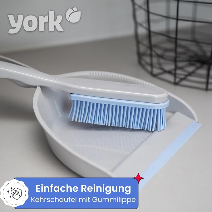 York Hand Brush and Shovel for Cleaning - Rubber Bristles Dustpan Set for Dirt, Hair and Dust Rubber Broom Sweeping Set (30 x 20 x 6) by York, Grey Blue | Antibacterial Dustpan with Rubber Lip and Hanger for Household and Kitchen, Grey/Blue