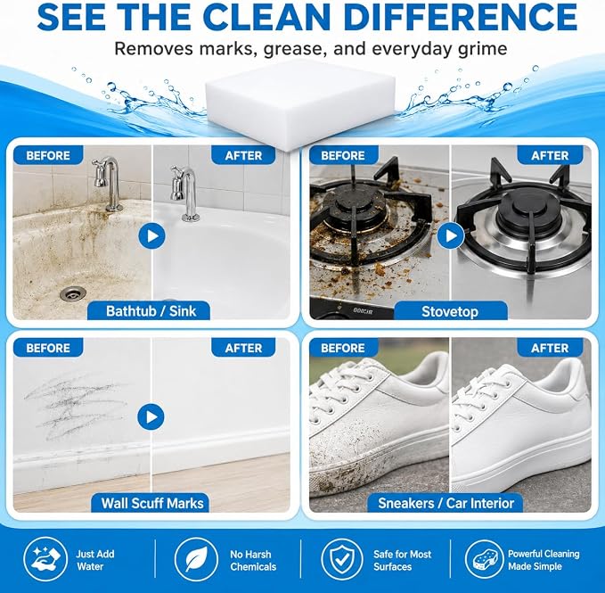 100 Pack Melamine Foam Magic Eraser Sponges for Multi - Surface Use | High-Density Melamine Foam Extra Durable Resists Crumbling WALLS · SHOES · KITCHEN Powerful Cleaning with Just Water