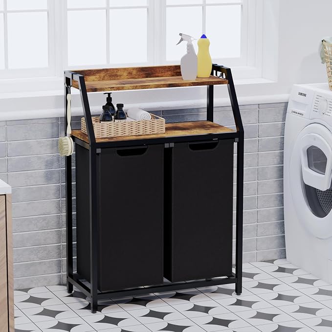 Laundry Hamper, Laundry Sorter 2 Section, Rolling Laundry Basket with Wheels, 2 Shelves, 2 × 14.5 Gal, Pull-Out and Removable Oxford Fabric Bags, for Laundry Room, Black and Rustic Brown