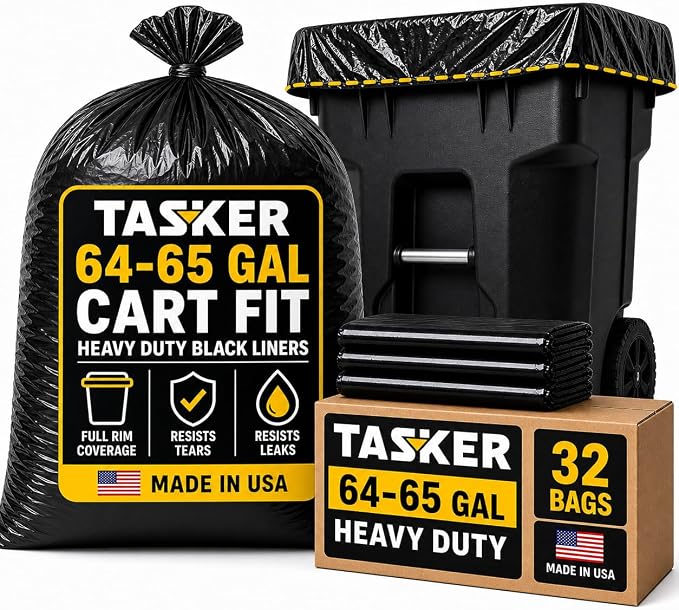 Tasker 65 Gallon Trash Bags for Toter, (Value-Pack 32 Count w/Ties) Heavy Duty Extra Large Garbage Bags for 64-65 Gallon Outdoor Trash Cans, Yard Waste and Lawn Debris