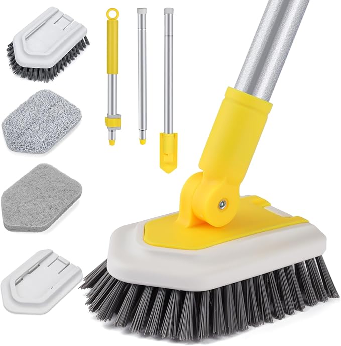 Bathtub Cleaning Brush Long Handle, Shower Bathroom Cleaner Brush Scrubber | 3 Different Detachable Scrub Brush Replacement Head for Scrubing Bathroom Floors, Tubs, Tiles, and Kitchen Walls