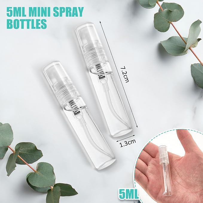 Zhehao 200 Pcs Mini Spray Bottles 5 ml Clear Glass Perfume Bottles Refillable Fine Mist Perfume Atomizer Portable Empty Sample Containers for Cleaning, Essential Oils, Travel (Clear Cap)