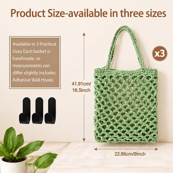 3 Hanging Baskets,Sage Green,Mesh,Cotton Rope | Wicker Wall Baskets with Hooks for Fruit Vegetable Onion Storage, Teardrop Organizer for Kitchen, Boho Farmhouse Decor