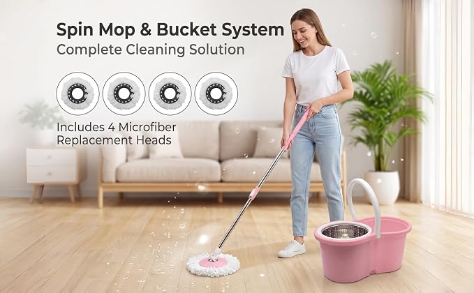 Spin Mop and Bucket Floor Cleaning System with 4 Refills,Pink | Stainless Steel Basket, Hands-Free Wringing, 360° Rotating Head, Adjustable Handle, Machine Washable Refills