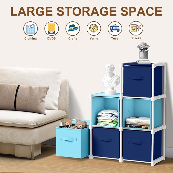 Briwooody 6 Cube Storage Organizer Bins with Shelf, Dark Blue,Light Blue | 11x11'', Storage Organizer, Toy Storage Box, Back to School, Dorm Organizer, Fabric Drawers, Playroom Bedroom Storage Cabinet