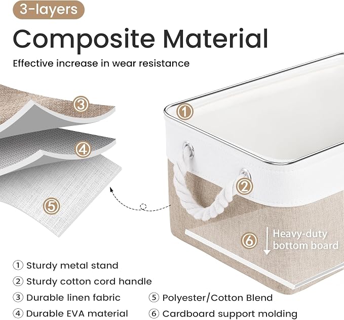 13.8x9.8x6.7 Inch Fabric Small Storage Bins with Handles 3 Pack | Foldable Storage Basket, Sturdy Metal Strand, Cardboard Support Molding, Small Baskets for Organizing, Shelves, White/Khaki