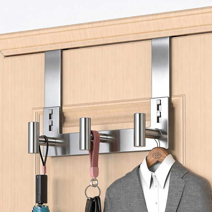 PMMASTO Door Hanger for 1-3/4 Inch Doors, Silver- 3 Hooks, T Shape | Stainless Steel Door Hooks Organize Coats Towels Robes in Bathrooms Bedrooms Closets