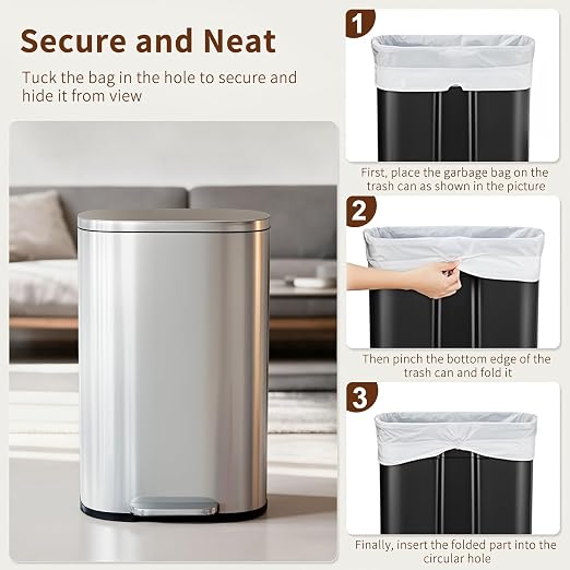 PayLessHere | 13G Trash Can with Lid | Steel | Removable Inner Bucket | Made of Stainless Steel | Soft-Close Step Pedal | Hands-Free Use | Easy to Clean | for Kitchen, Office, Bathroom