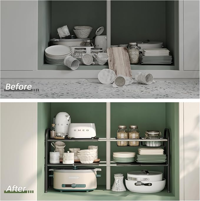 Under Sink Organizers and Storage,Expandable under cabinet organizer Shelf | 2 tier expandable shelf for kitchen,bathroom,6 Removable ABS Panels and 2 Baskets,Adjustable partition height,20.7-32.3" W