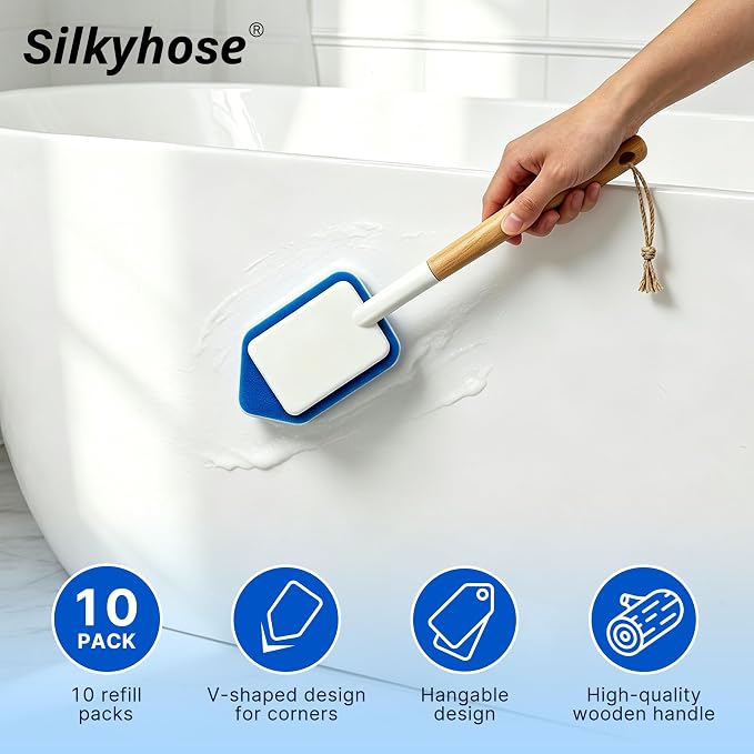 Silkyhose 2Pcs Tub Tile Scrub Brush,10 Melamine Sponge Replacement Heads | Non-Scratch. Versatile & Durable. Household Cleaner with Wooden Handle. Erasers for Grout, Sink & Shower Walls