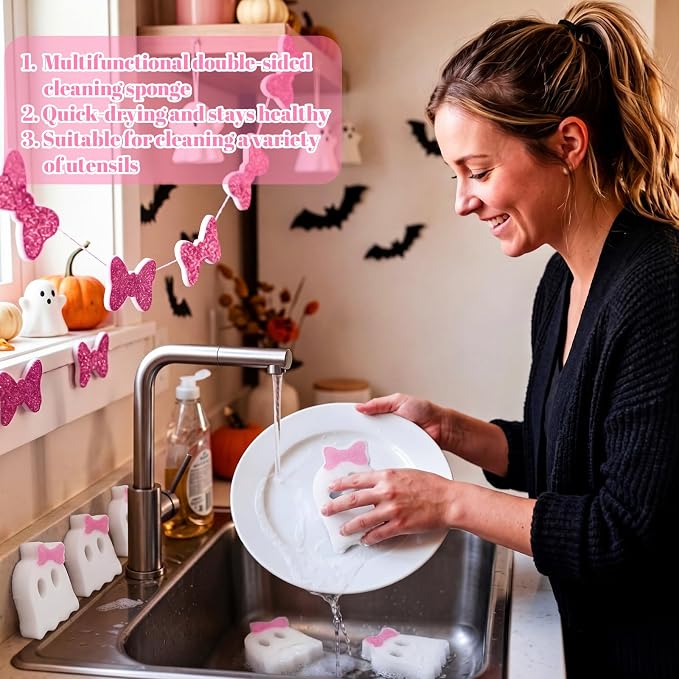 Tioncy 12 Pack Halloween Ghost Kitchen Sponges, White, Pink | Dual Sided Scrubber, Gothic Halloween Decor, Reusable Non Scratch Dishwashing, for Cookware Pot Boiler Pan Household