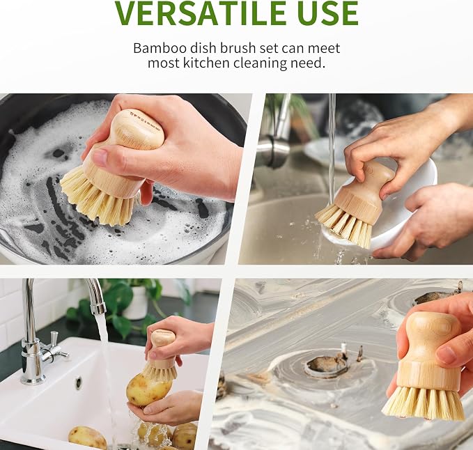 4 Pack Bamboo Dish Brush with Sisal Bristles for Kitchen Cleaning | Natural Material, No Plastic, Dish Scrubber Brush for Dish Cleaning, Sufficient Quantity for Replacement, Ergonomic Handle
