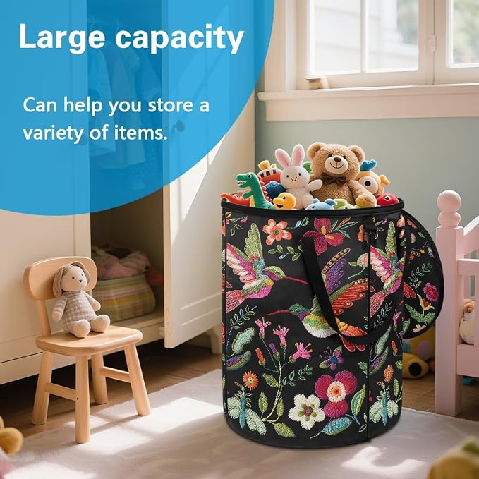 Vintage Flower Hummingbird Foldable Trash Bag with Lid and Handles 24 Gallon Large Capacity Collapsible Garden Leaf Bin Reusable Waster Bags for Camping Outdoor Picnics