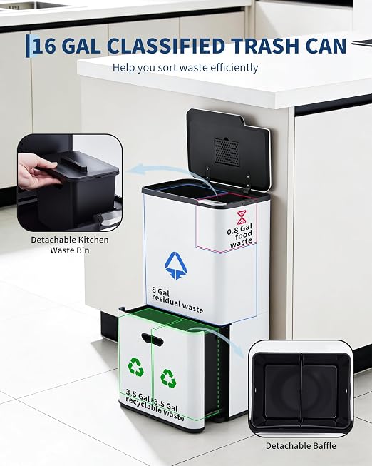 Garvee Dual Trash Can for Kitchen, 2 Compartment (33L + 28L) Garbage Can | Stainless Steel Trash and Recycle Bin Combo, with Compost Bin, Removable Inner Bucket, Odor Control, White