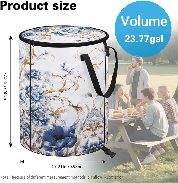 Floral Collapsible Garbage Can with Lid 24 Gallon Pop up Trash Can for Camping Waterproof Outdoor Recycling Bin Flodable Portable Trash Bag with Sorting Clips for Hiking Yard